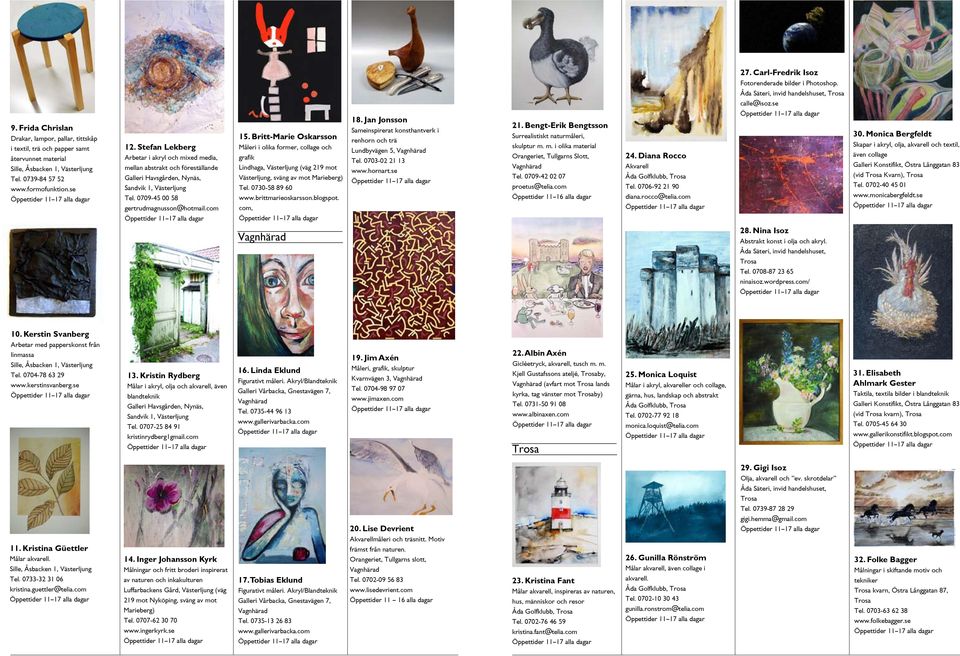 gertrudmagnusson@hotmailcom 15 Britt-Marie Oskarsson Måleri i olika former, collage och grafik Lindhaga, Västerljung (väg 219 mot Västerljung, sväng av mot Marieberg) Tel 0730-58 89 60