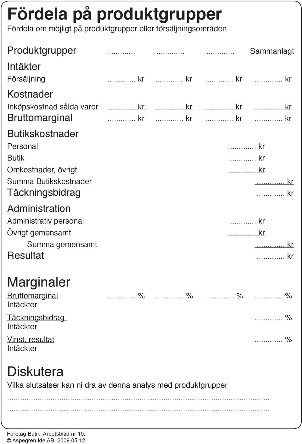 Butikskostnader Täckningsbidrag Administration Administrativ personal Övrigt gemensamt Summa gemensamt Resultat Marginaler Bruttomarginal... %.