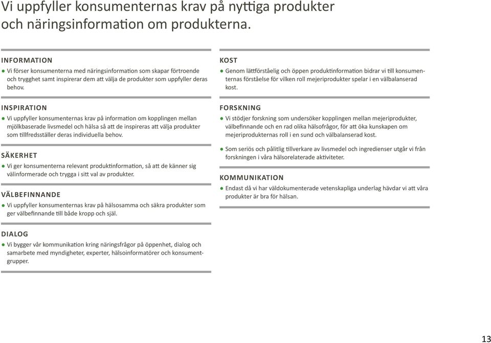 INSPIRATION Vi uppfyller konsumenternas krav på information om kopplingen mellan mjölkbaserade livsmedel och hälsa så att de inspireras att välja produkter som tillfredsställer deras individuella