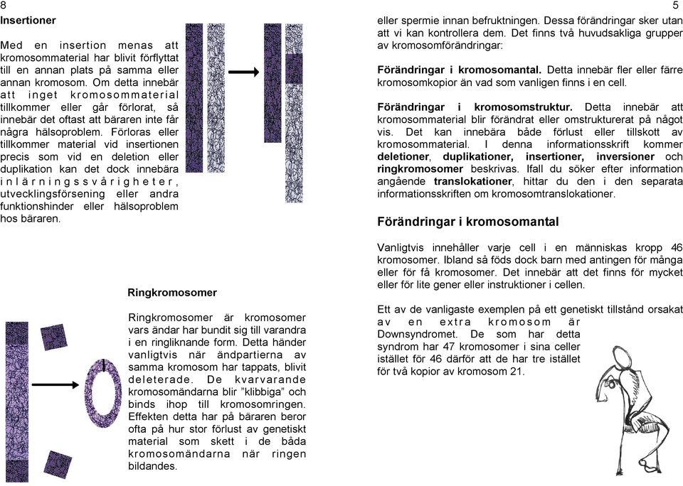 Förloras eller tillkommer material vid insertionen precis som vid en deletion eller duplikation kan det dock innebära i n l ä r n i n g s s v å r i g h e t e r, utvecklingsförsening eller andra