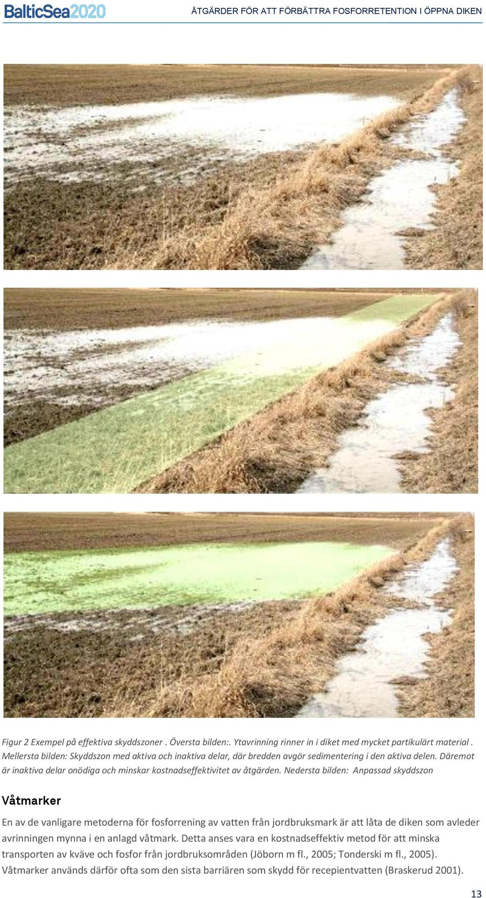 Nedersta bilden: Anpassad skyddszon Våtmarker En av de vanligare metoderna för fosforrening av vatten från jordbruksmark är att låta de diken som avleder avrinningen mynna i en anlagd våtmark.