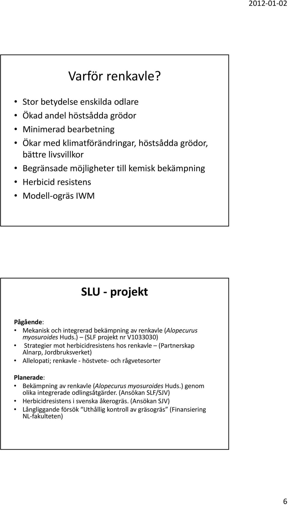 bekämpning Herbicid resistens Modell ogräs IWM SLU projekt Pågående: Mekanisk och integrerad bekämpning av renkavle (Alopecurus myosuroides Huds.