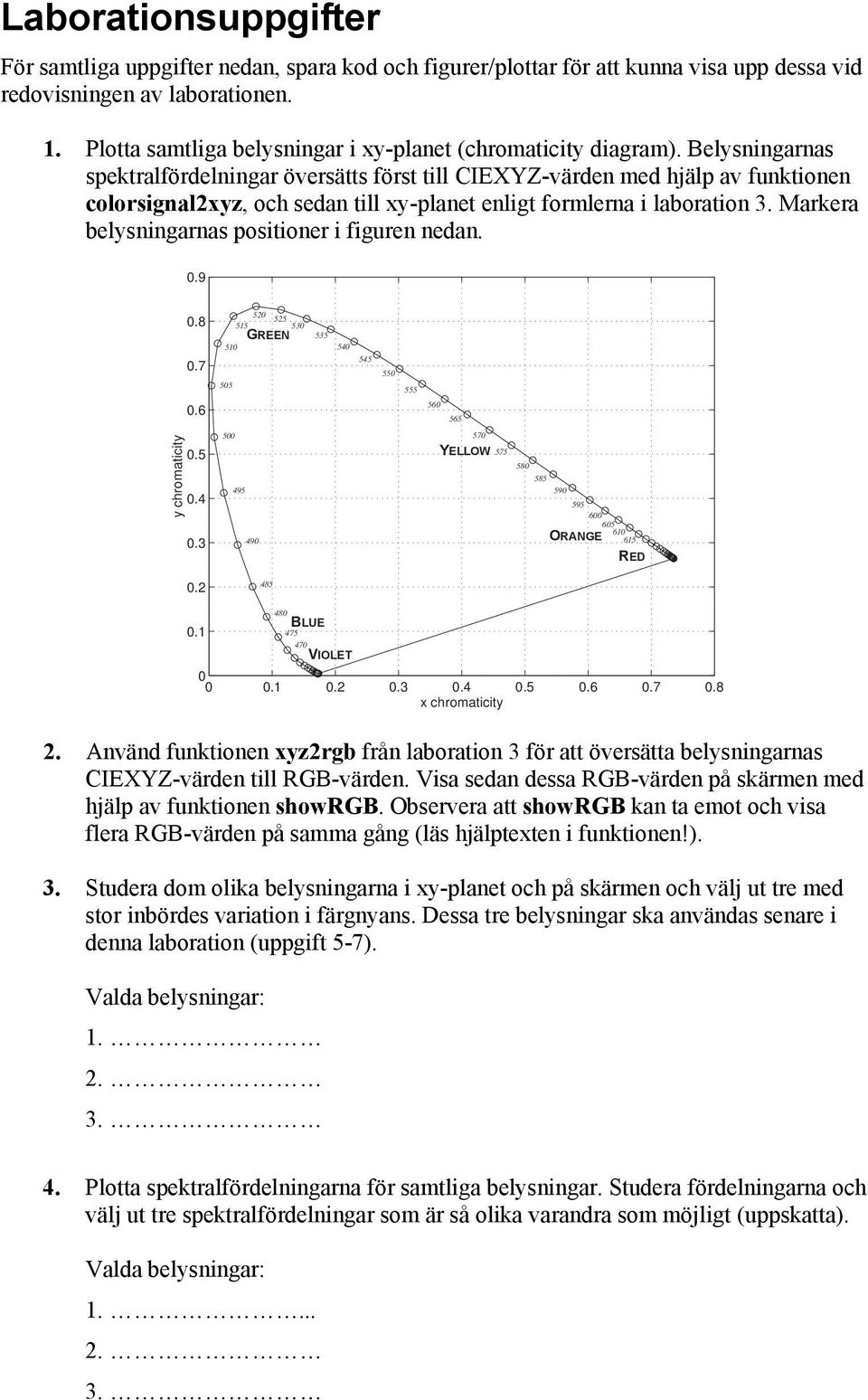 Belysningarnas spektralfördelningar översätts först till CIEXYZ-värden med hjälp av funktionen colorsignal2xyz, och sedan till xy-planet enligt formlerna i laboration 3.