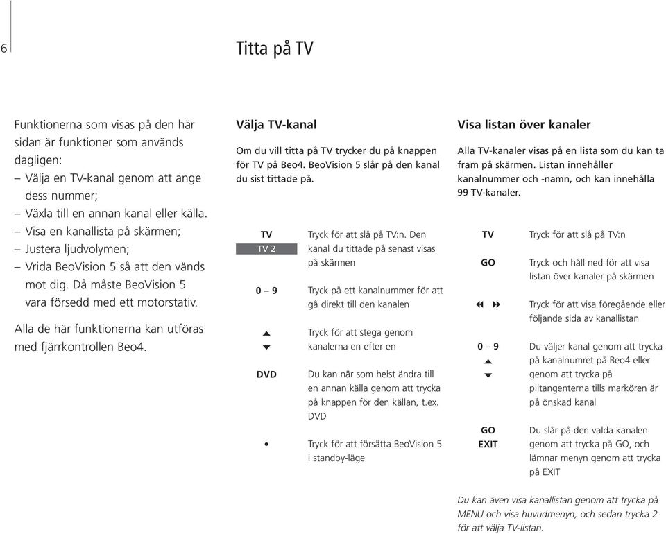 Alla de här funktionerna kan utföras med fjärrkontrollen Beo4. Välja TV-kanal Om du vill titta på TV trycker du på knappen för TV på Beo4. BeoVision 5 slår på den kanal du sist tittade på.