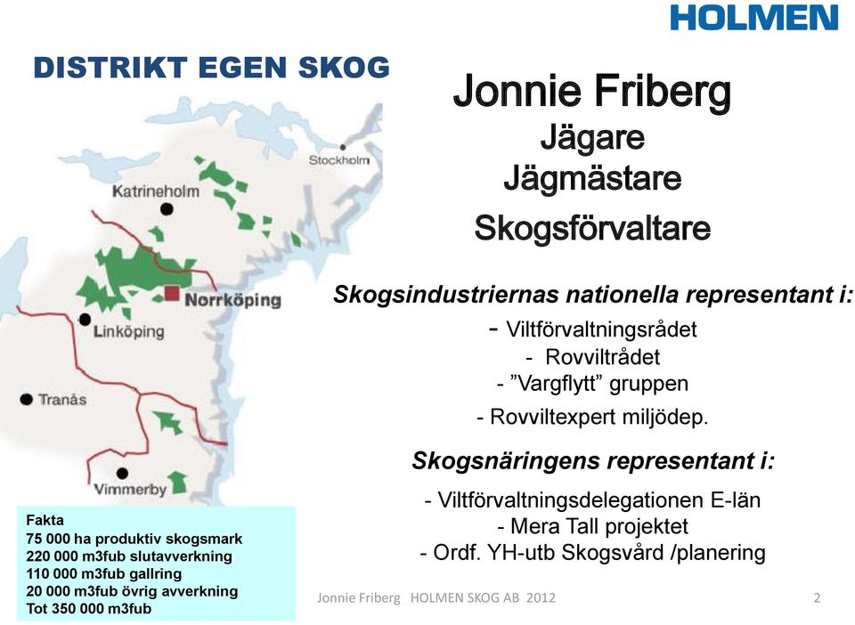 Skogsnäringens representant i: Fakta 75 000 ha produktiv skogsmark 220 000 m3fub slutavverkning 110 000 m3fub