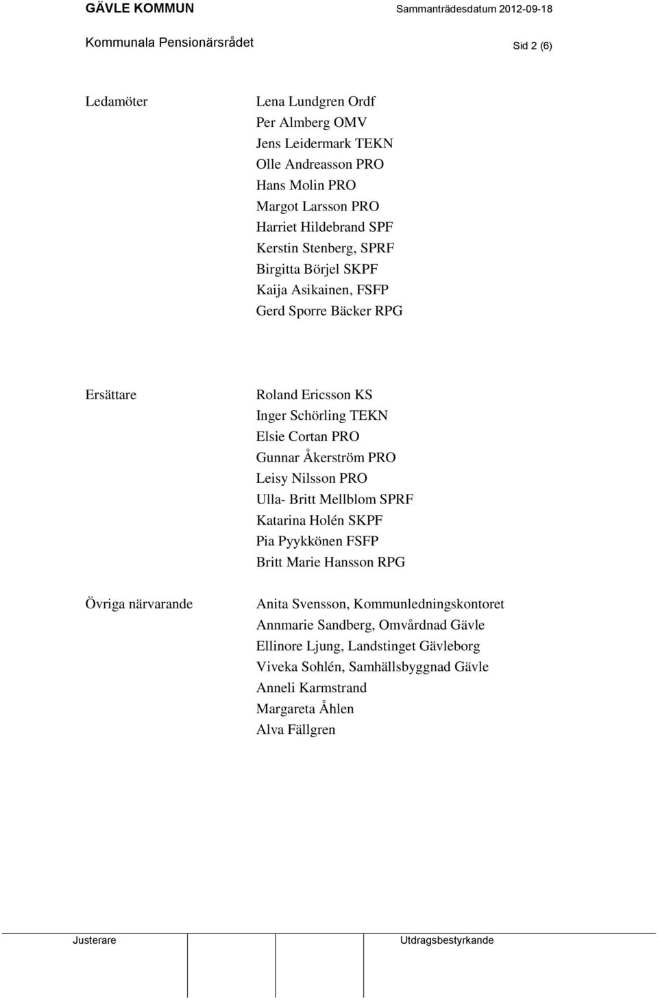 PRO Gunnar Åkerström PRO Leisy Nilsson PRO Ulla- Britt Mellblom SPRF Katarina Holén SKPF Pia Pyykkönen FSFP Britt Marie Hansson RPG Övriga närvarande Anita Svensson,