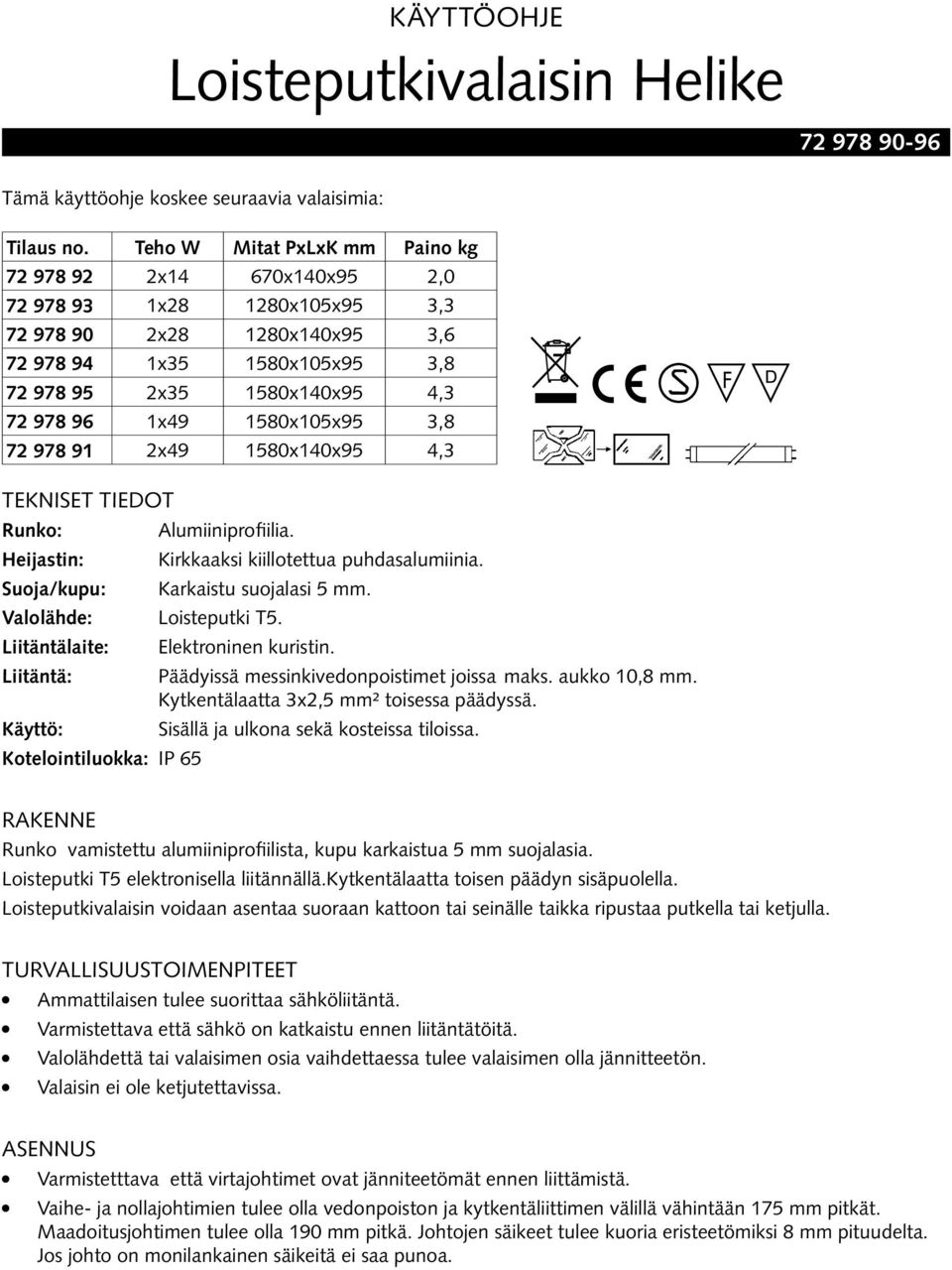 1580x105x95 3,8 72 978 91 2x49 1580x140x95 4,3 TEKNISET TIEDOT Runko: Alumiiniprofiilia. Heijastin: Kirkkaaksi kiillotettua puhdasalumiinia. Suoja/kupu: Karkaistu suojalasi 5 mm.