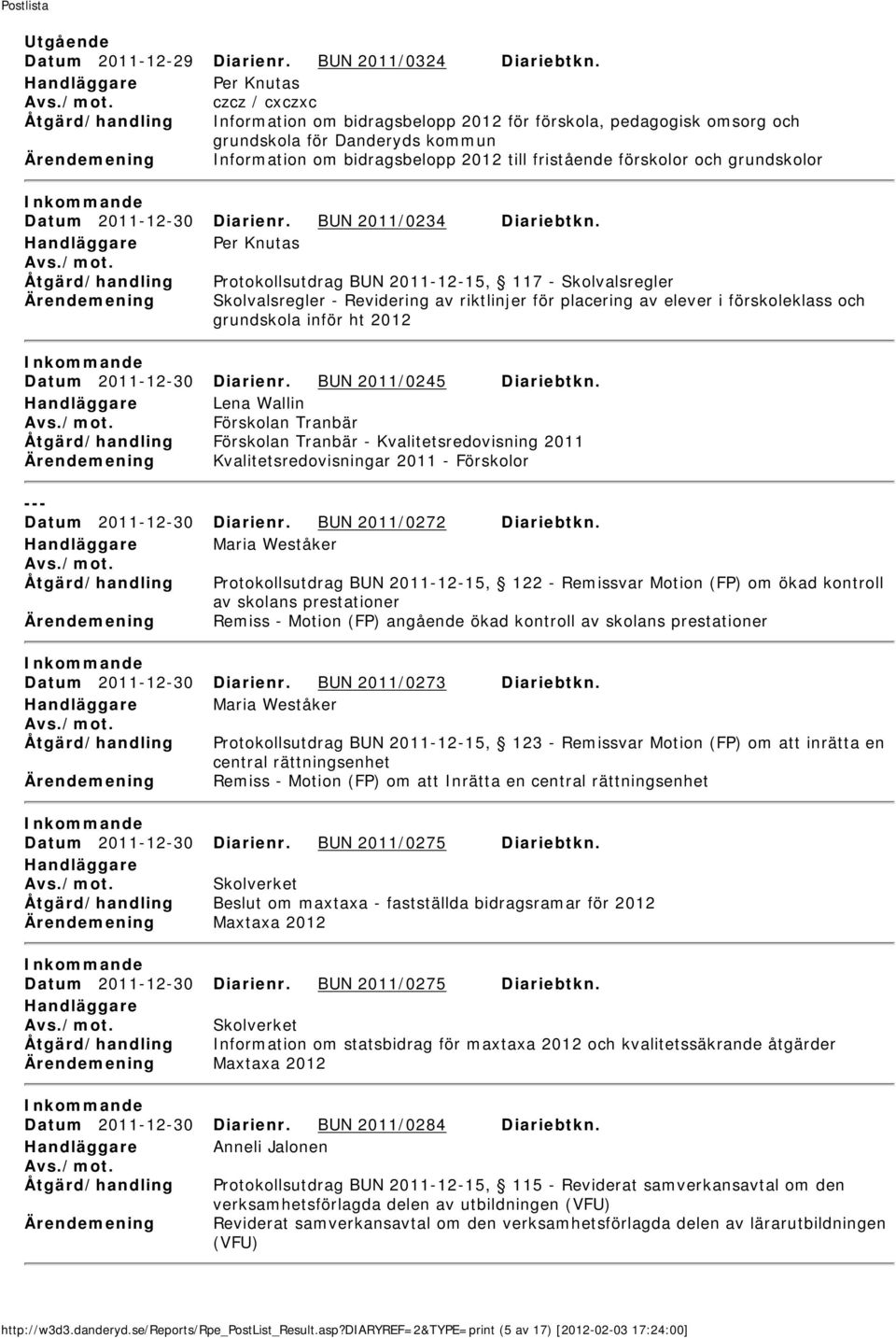 förskolor och grundskolor Datum 2011-12-30 Diarienr. BUN 2011/0234 Diariebtkn.