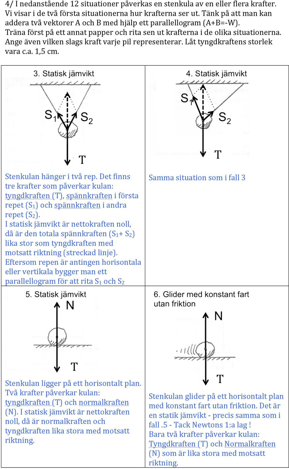 Ange även vilken slags kraft varje pil representerar. Låt tyngdkraftens storlek vara c.a. 1,5 cm. Stenkulan hänger i två rep.