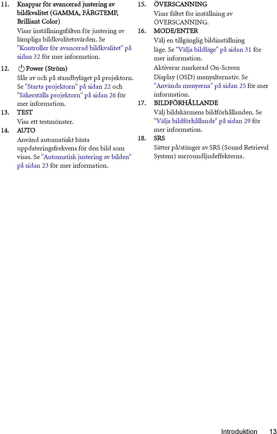 Se "Starta projektorn" på sidan 22 och "Säkerställa projektorn" på sidan 26 för mer information. 13. TEST Visa ett testmönster. 14.