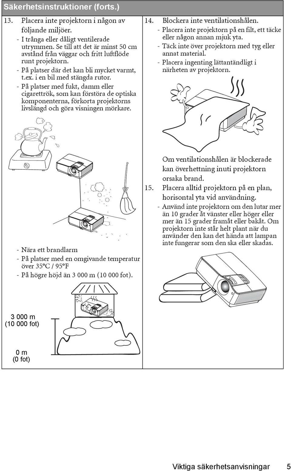 - På platser med fukt, damm eller cigarettrök, som kan förstöra de optiska komponenterna, förkorta projektorns livslängd och göra visningen mörkare. 14. Blockera inte ventilationshålen.