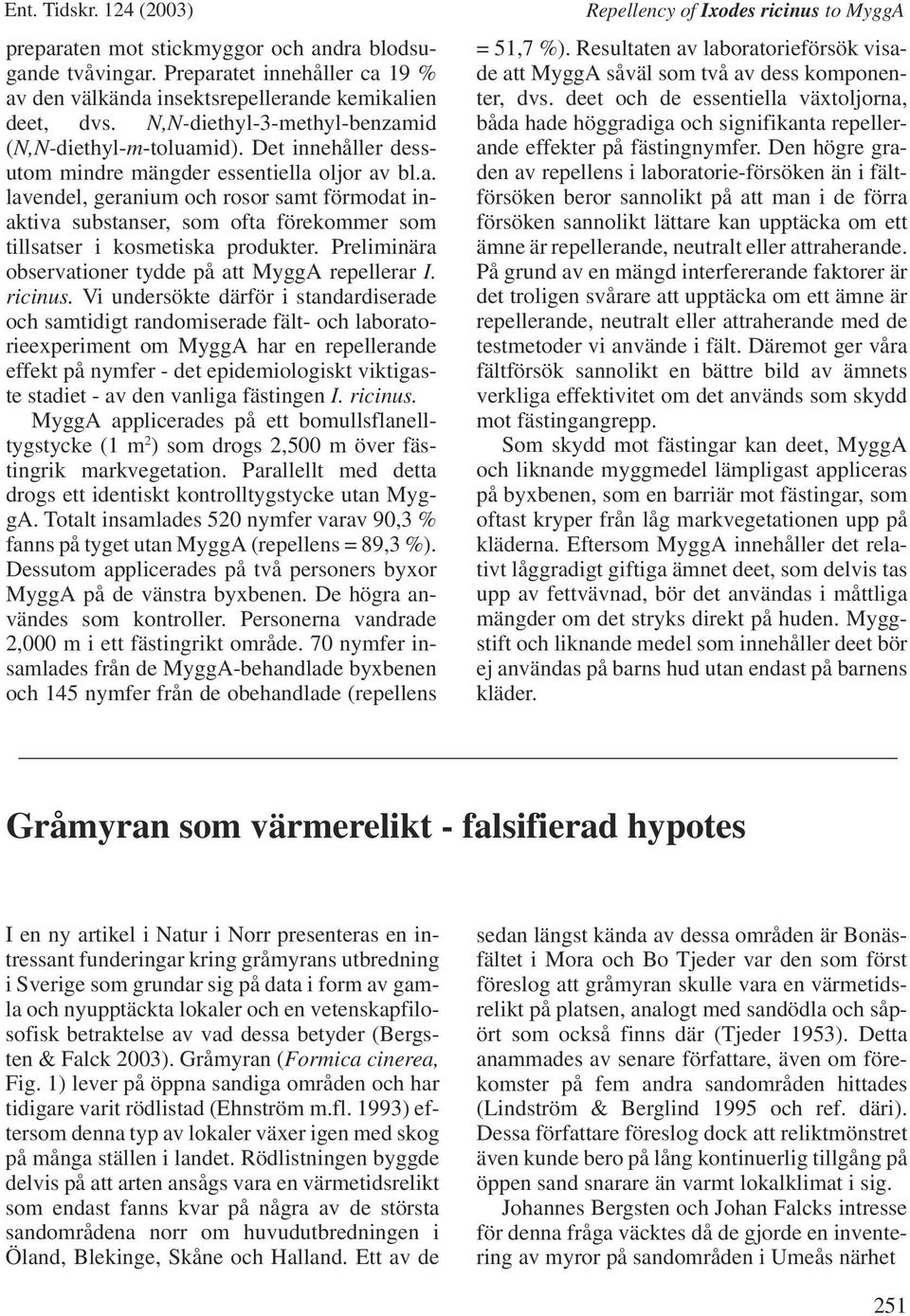 Preliminära observationer tydde på att MyggA repellerar I. ricinus.