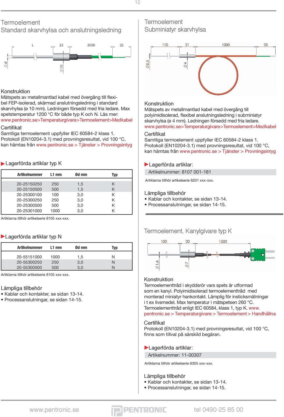 se > Temperaturgivare > Termoelement > Med kabel Samtliga termoelement uppfyller IEC 60584-2 klass 1. Protokoll (EN10204-3.1) med provningsresultat, vid 100 C, kan hämtas från www.pentronic.