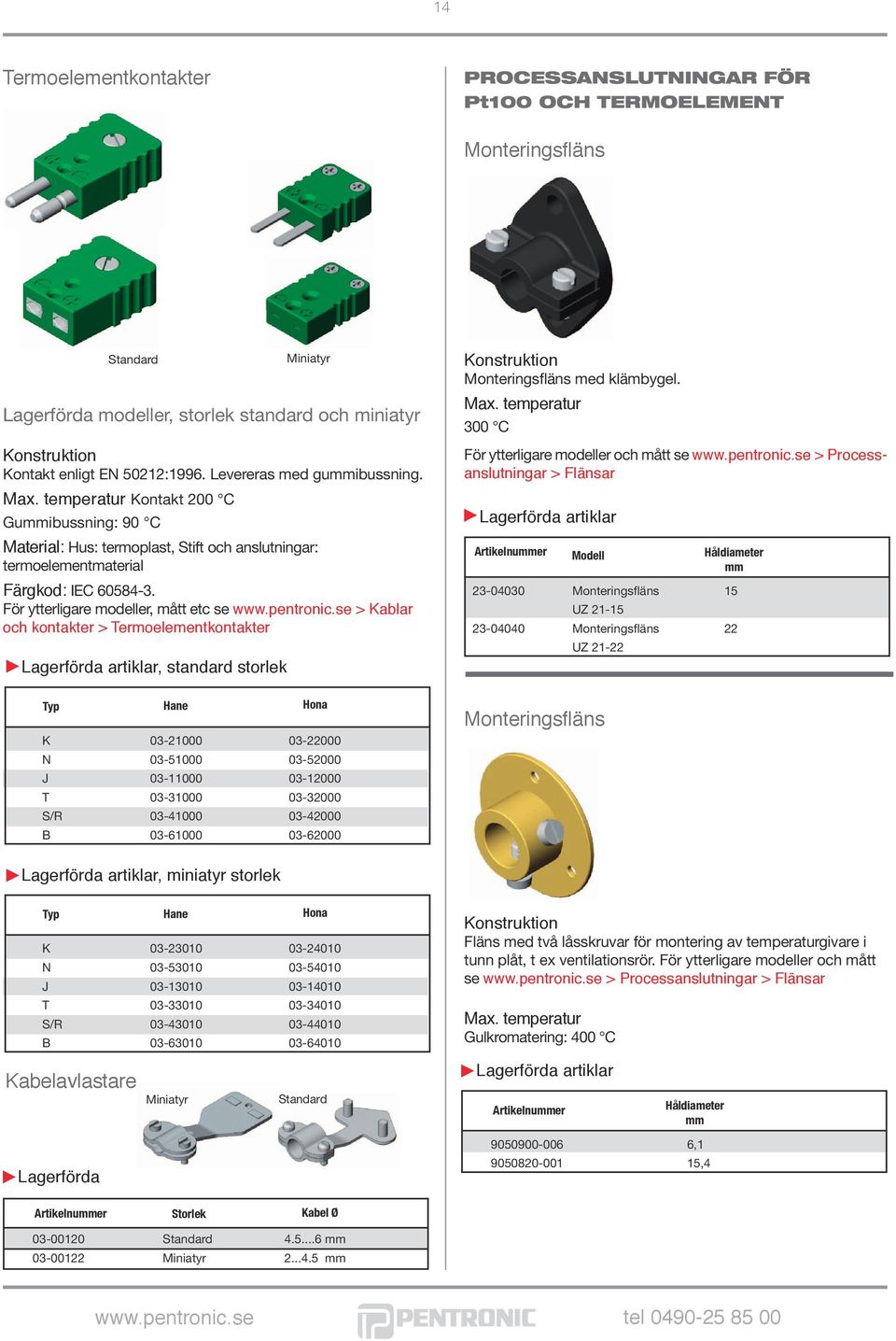 se > Kablar och kontakter > Termoelementkontakter, standard storlek Typ Standard Hane Miniatyr Hona K 03-21000 03-22000 N 03-51000 03-52000 J 03-11000 03-12000 T 03-31000 03-32000 S/R 03-41000