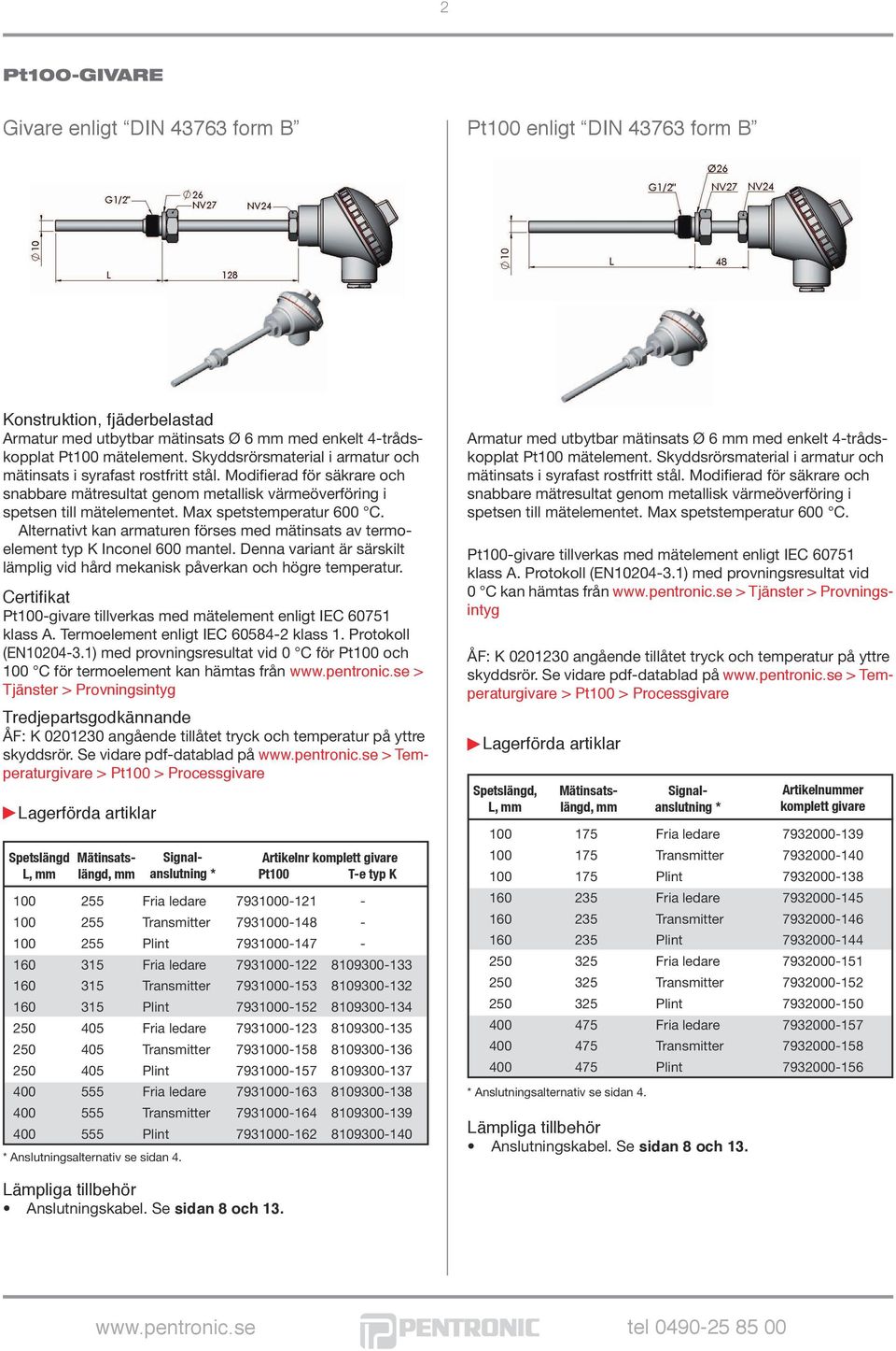 Max spetstemperatur 600 C. Alternativt kan armaturen förses med mätinsats av termoelement typ K Inconel 600 mantel. Denna variant är särskilt lämplig vid hård mekanisk påverkan och högre temperatur.