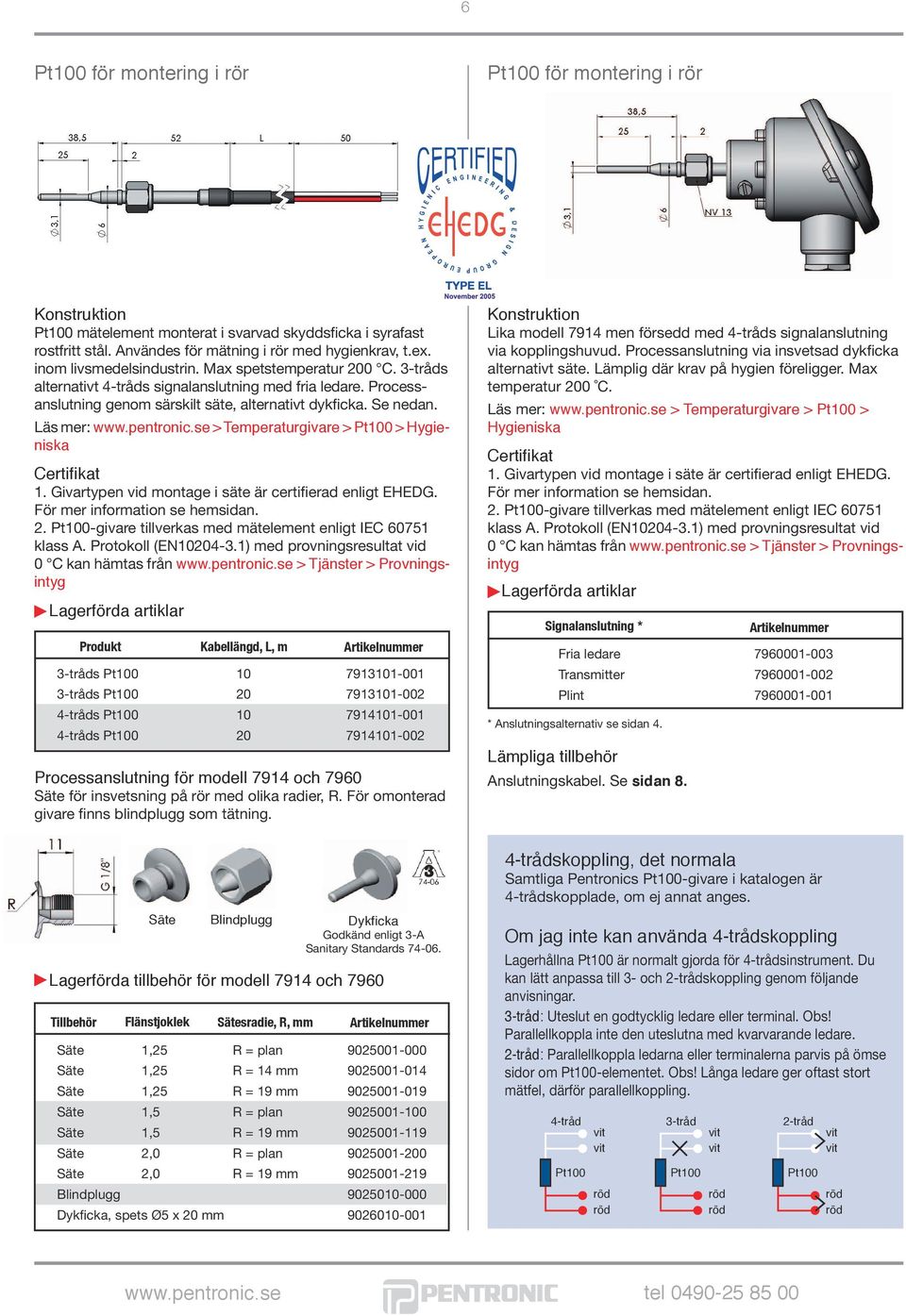 pentronic.se > Temperaturgivare > Pt100 > Hygieniska 1. Givartypen vid montage i säte är certifierad enligt EHEDG. För mer information se hemsidan. 2. klass A. Protokoll (EN10204-3.