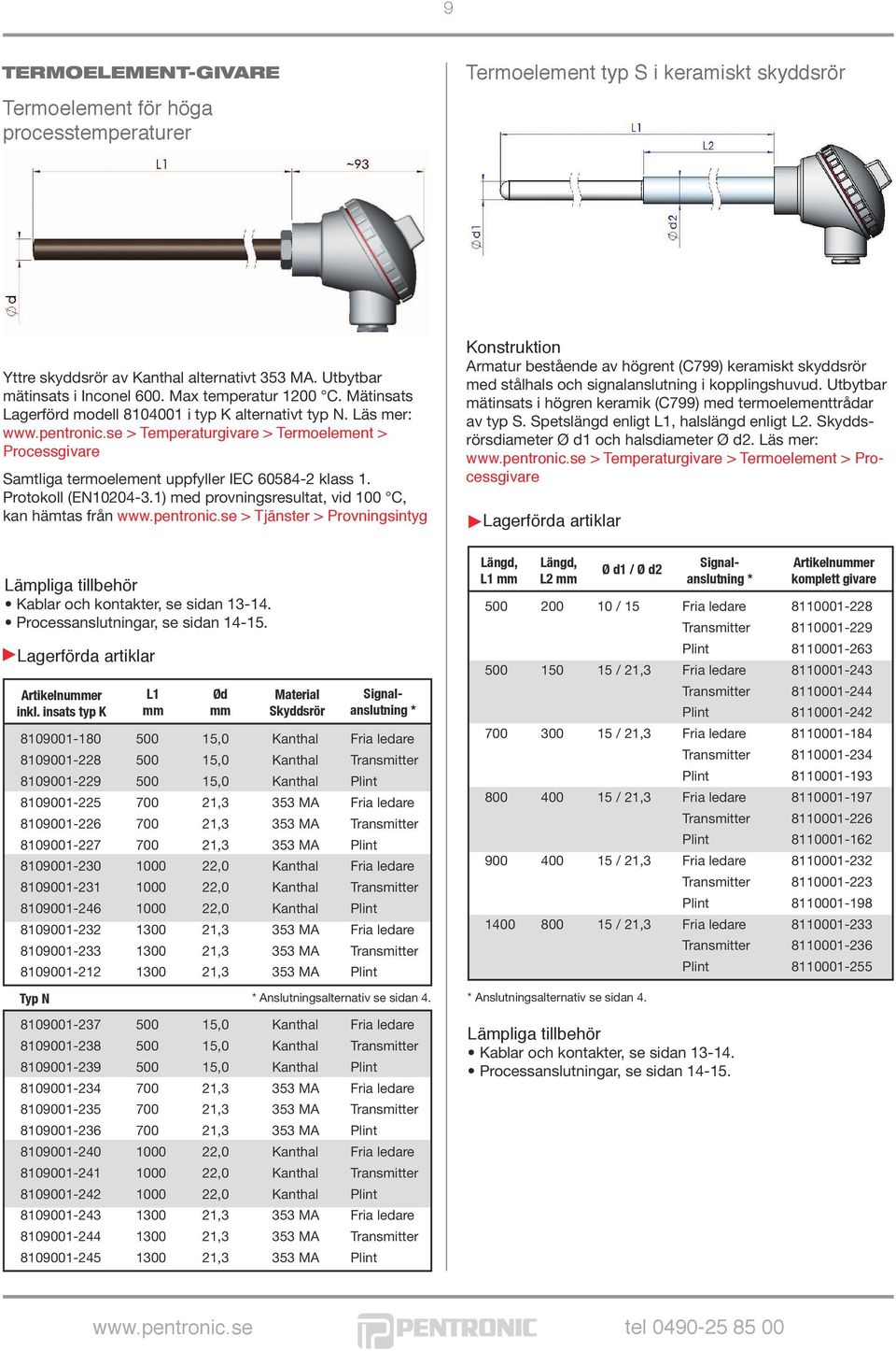 se > Temperaturgivare > Termoelement > Processgivare Samtliga termoelement uppfyller IEC 60584-2 klass 1. Protokoll (EN10204-3.1) med provningsresultat, vid 100 C, kan hämtas från www.pentronic.