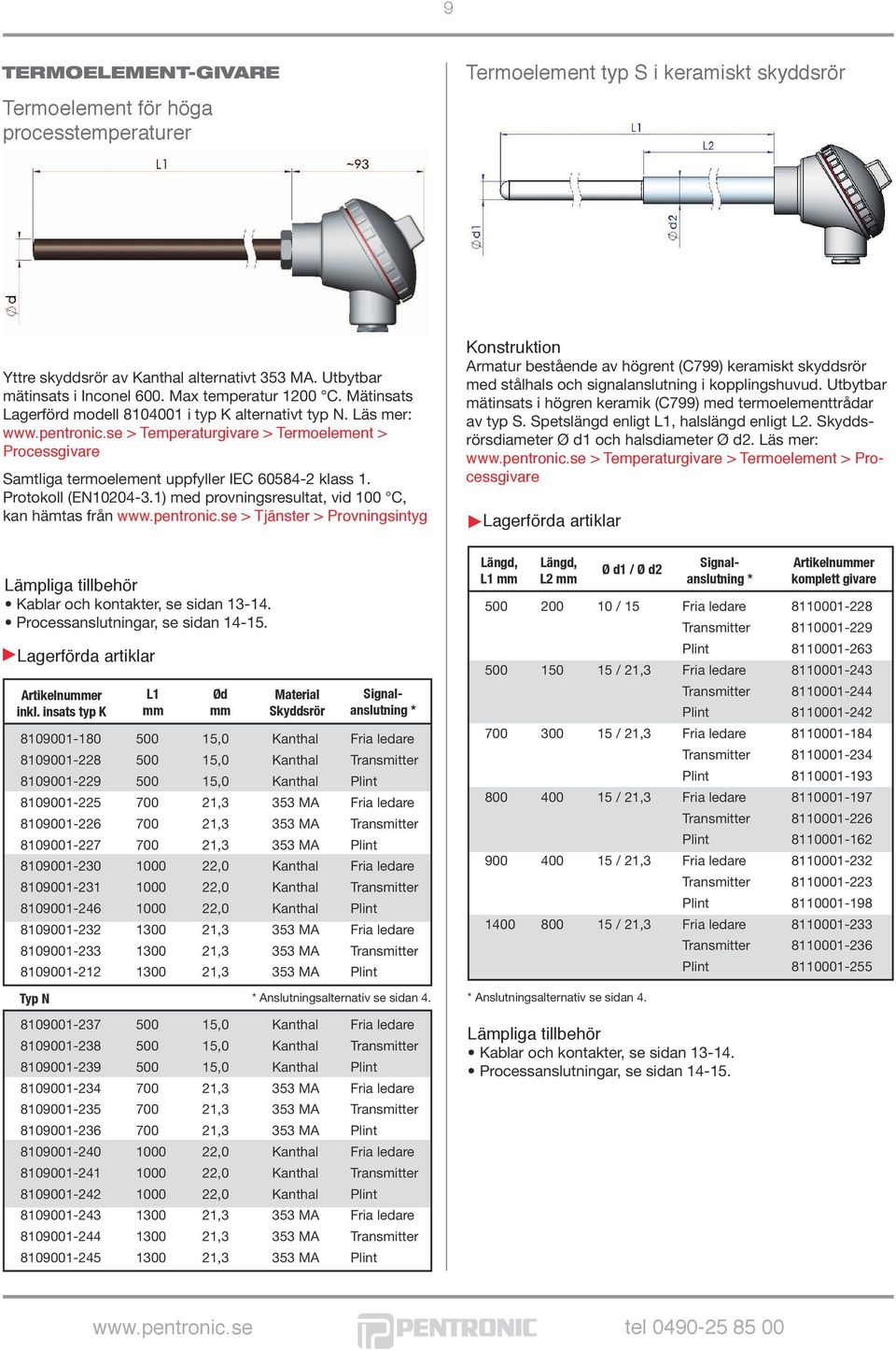 se > Temperaturgivare > Termoelement > Processgivare Samtliga termoelement uppfyller IEC 60584-2 klass 1. Protokoll (EN10204-3.1) med provningsresultat, vid 100 C, kan hämtas från www.pentronic.