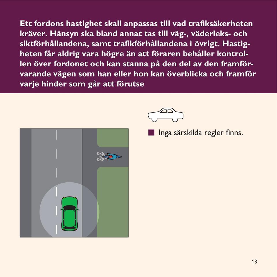 Hastigheten får aldrig vara högre än att föraren behåller kontrollen över fordonet och kan stanna på den