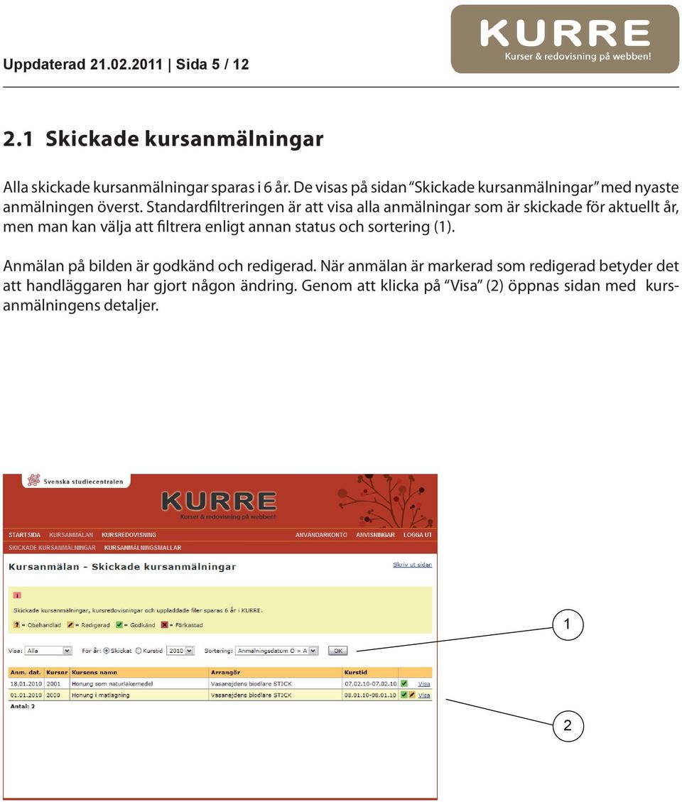 Standardfiltreringen är att visa alla anmälningar som är skickade för aktuellt år, men man kan välja att filtrera enligt annan