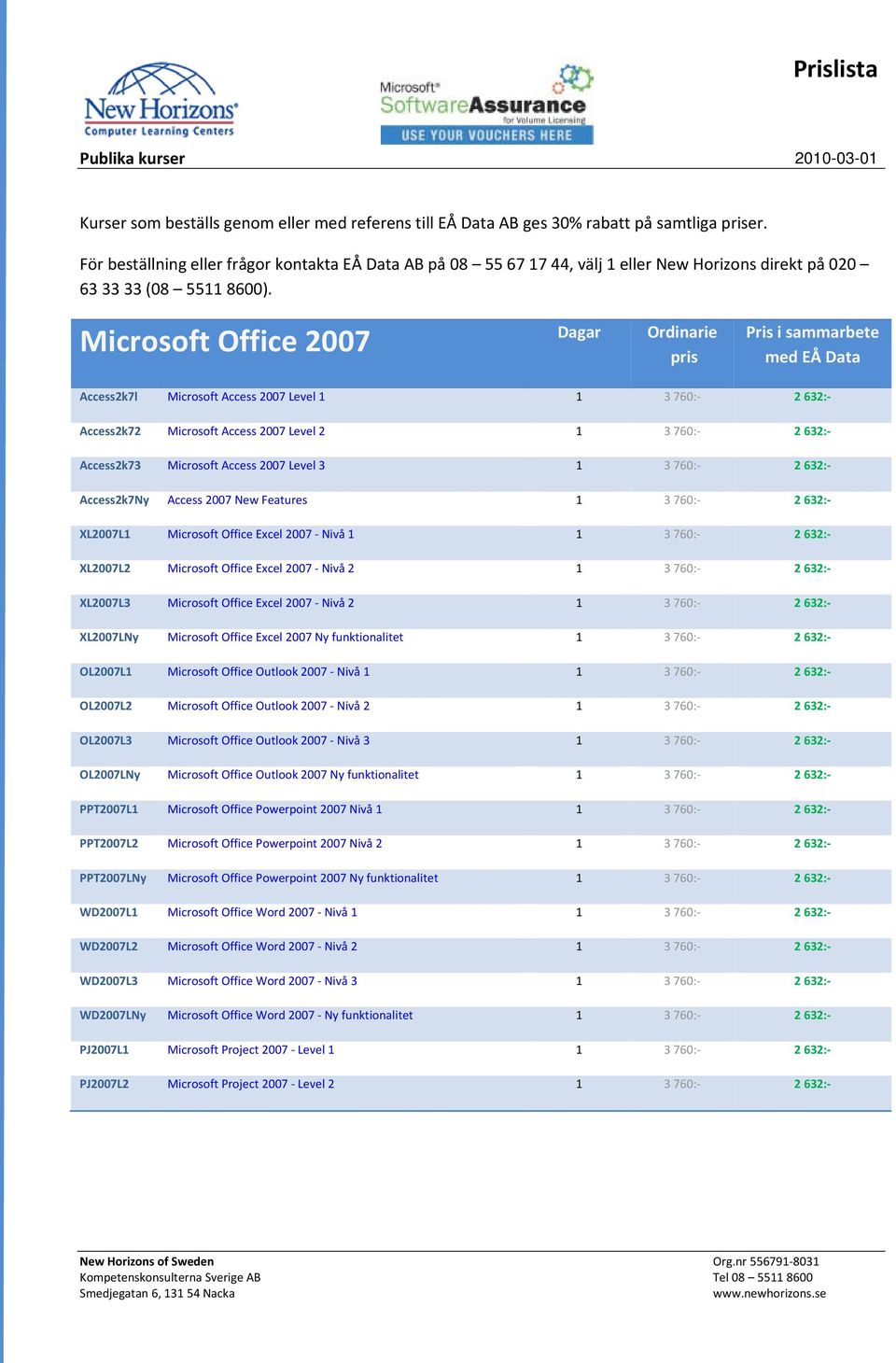 Microsoft Office 2007 Dagar Ordinarie pris Pris i sammarbete med EÅ Data Access2k7l Microsoft Access 2007 Level 1 1 3 760: 2 632: Access2k72 Microsoft Access 2007 Level 2 1 3 760: 2 632: Access2k73