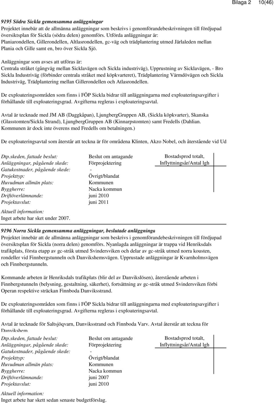 Anläggningar som avses att utföras är: Centrala stråket (gångväg mellan Sicklavägen och Sickla industriväg), Upprustning av Sicklavägen, - Bro Sickla Industriväg (förbinder centrala stråket med