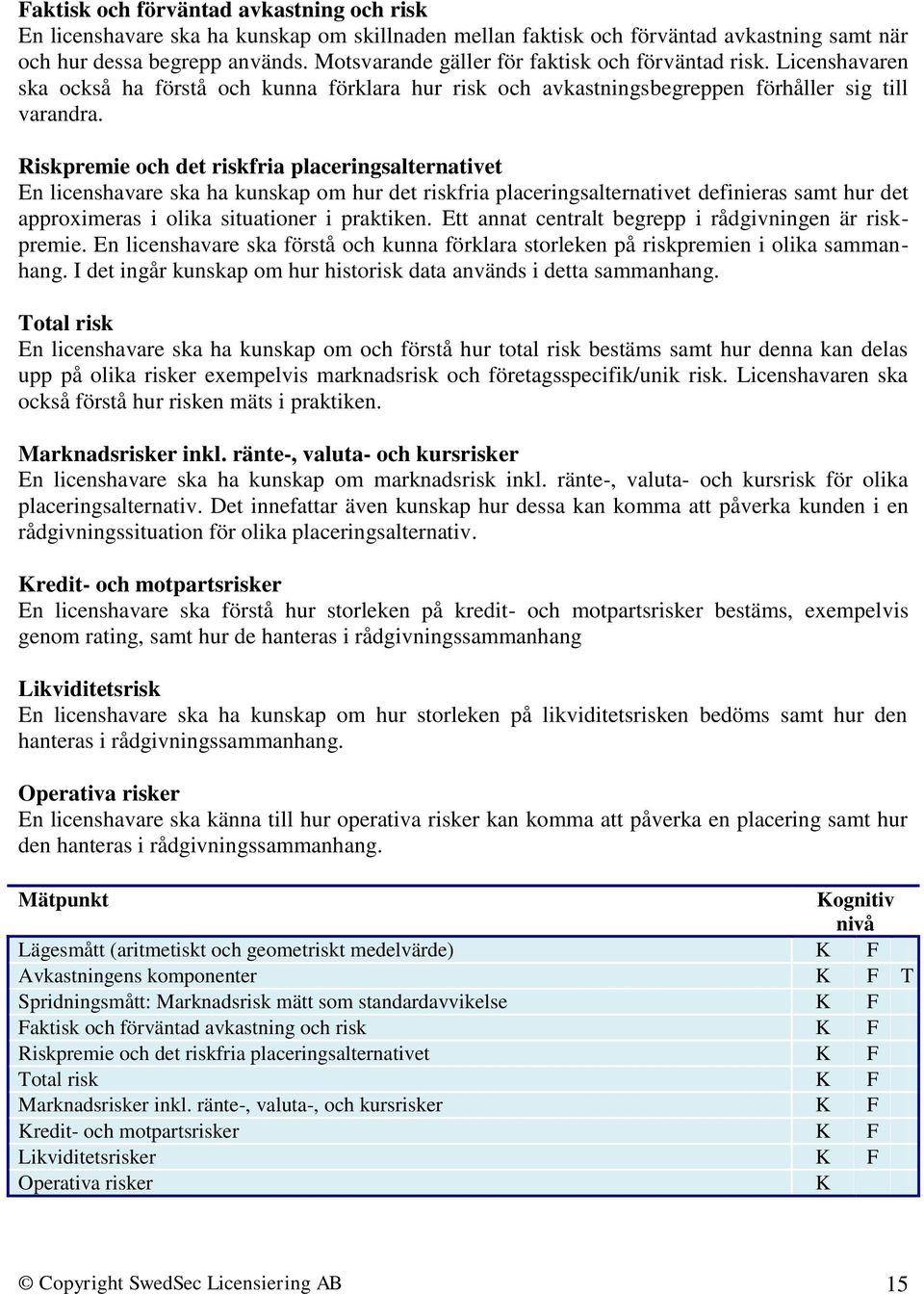 Riskpremie och det riskfria placeringsalternativet En licenshavare ska ha kunskap om hur det riskfria placeringsalternativet definieras samt hur det approximeras i olika situationer i praktiken.