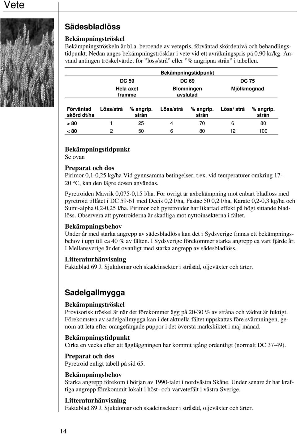 strån Löss/strå % angrip. strån Löss/ strå % angrip. strån > 80 1 25 4 70 6 80 < 80 2 50 6 80 12 100 Se ovan Pirimor 0,1-0,25 kg/ha Vid gynnsamma betingelser, t.ex.
