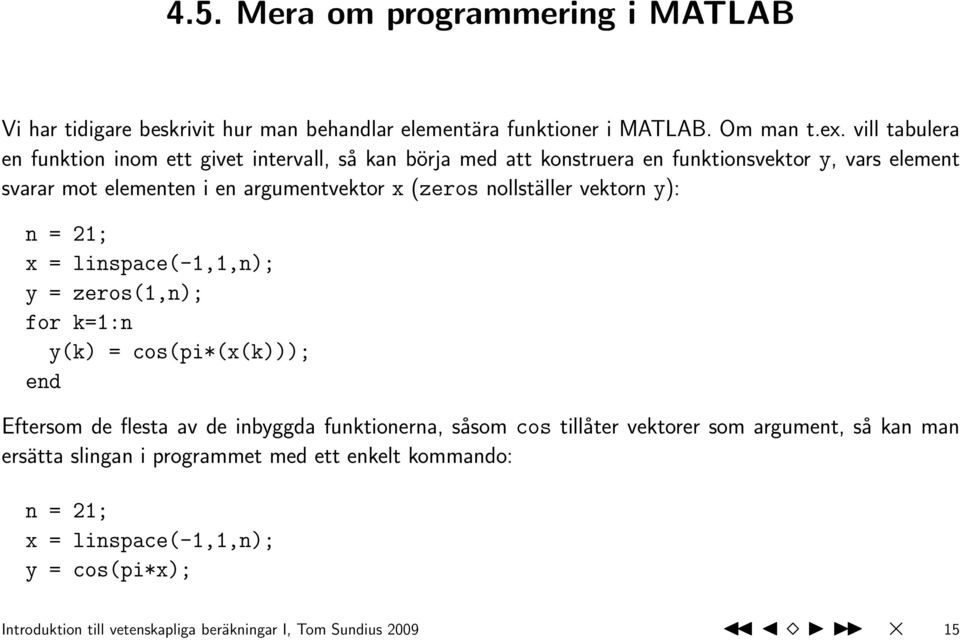 (zeros nollställer vektorn y): n = 21; x = linspace(-1,1,n); y = zeros(1,n); for k=1:n y(k) = cos(pi*(x(k))); end Eftersom de flesta av de inbyggda funktionerna,