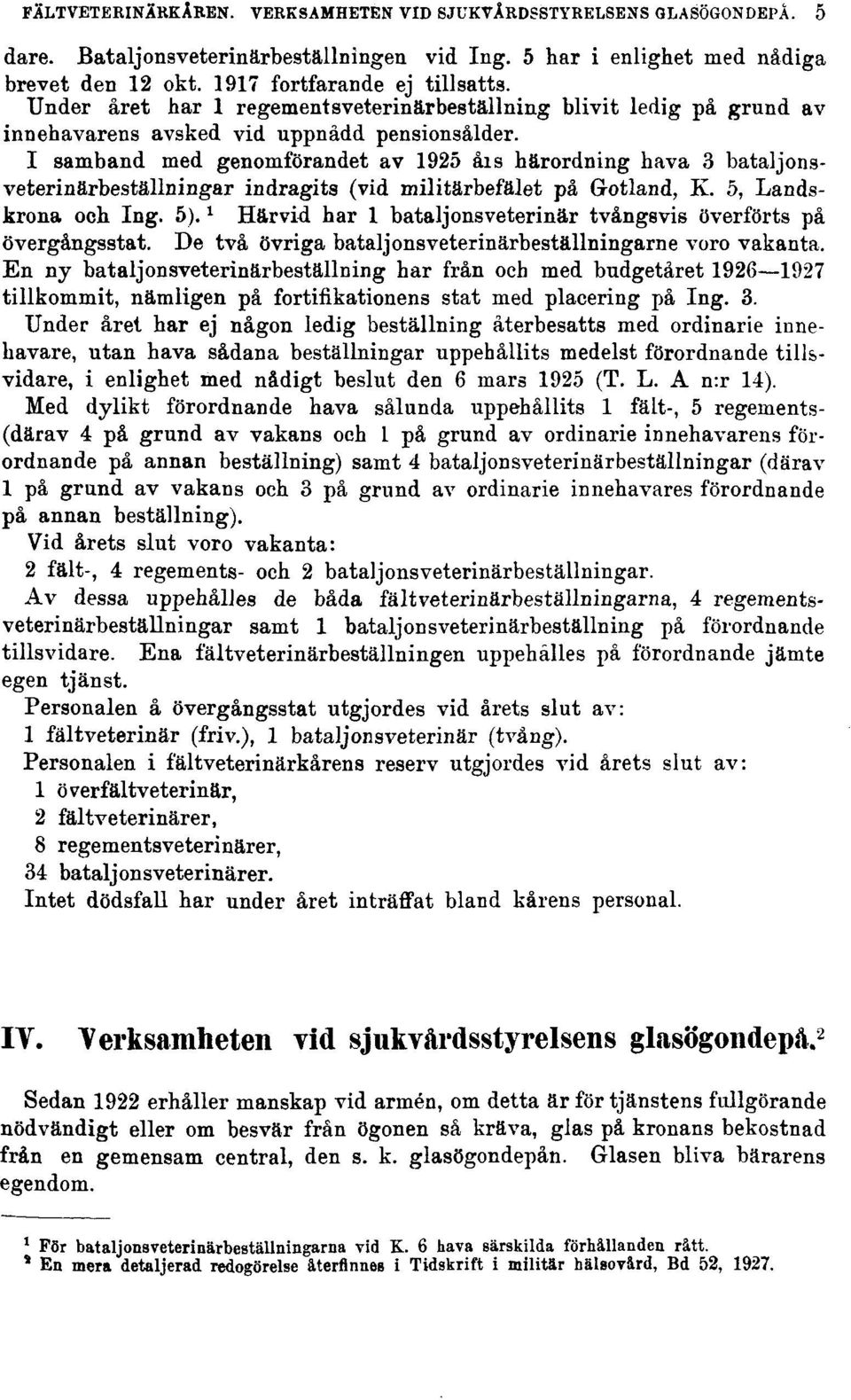 1 samband med genomförandet av 1925 åis härordning hava 3 bataljonsveterinärbeställningar indragits (vid militärbefälet på Gotland, K. 5, Landskrona och Ing. 5).
