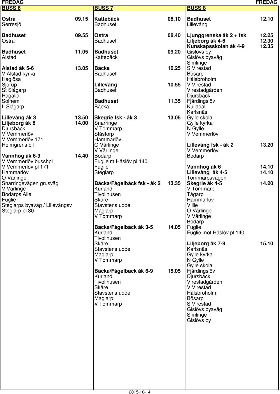 55 St Slågarp Badhuset Hagalid Djursbäck Solhem Badhuset 11.35 Fjärdingslöv L Slågarp Bäcka Kulladal Lillevång åk 3 13.50 Skegrie fsk - åk 3 13.05 Liljeborg åk 8 14.