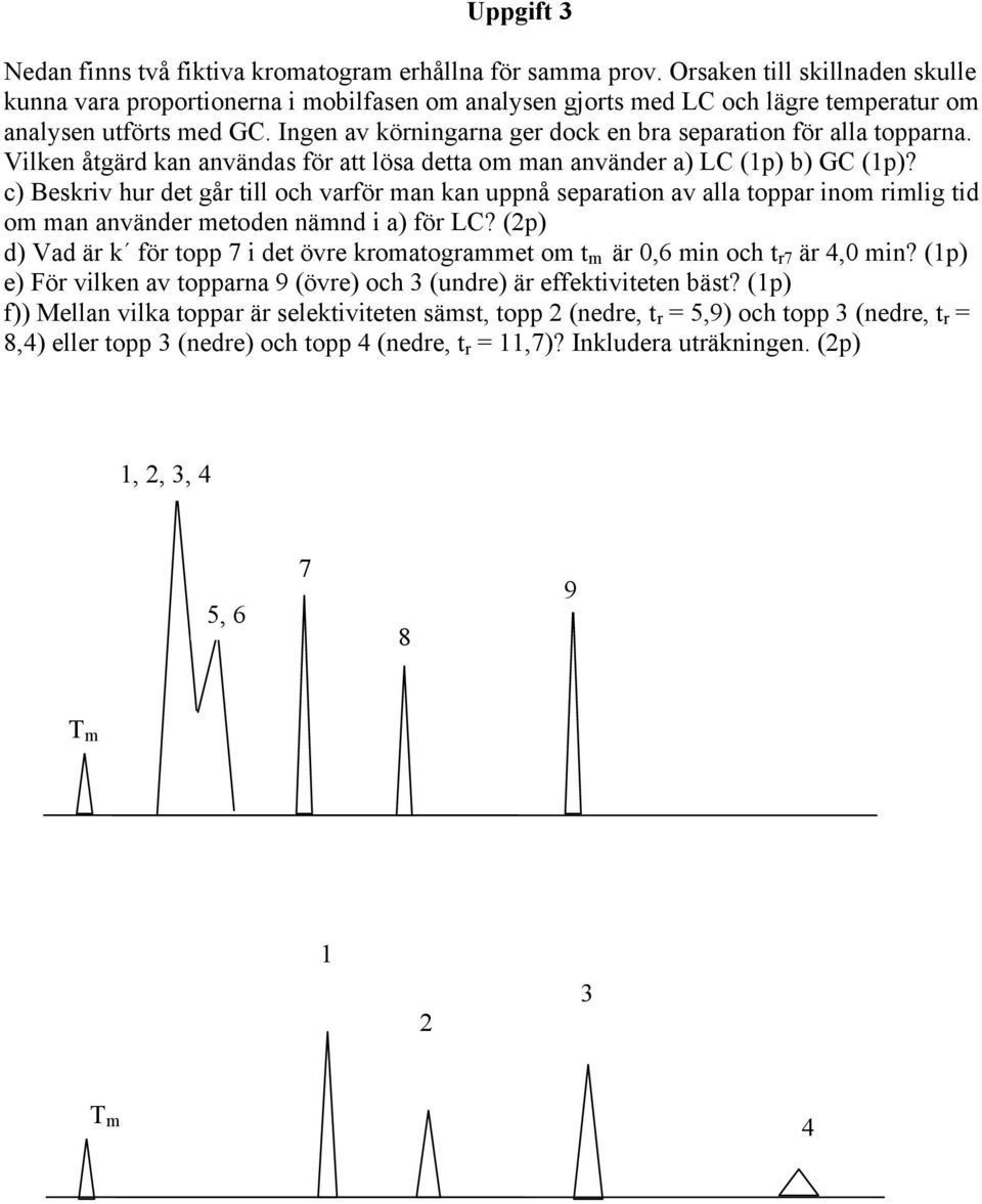 Ingen av körningarna ger dock en bra separation för alla topparna. Vilken åtgärd kan användas för att lösa detta om man använder a) LC (1p) b) GC (1p)?