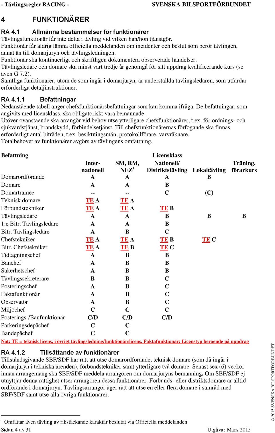Funktionär ska kontinuerligt och skriftligen dokumentera observerade händelser. Tävlingsledare och domare ska minst vart tredje år genomgå för sitt uppdrag kvalificerande kurs (se även G 7.2).