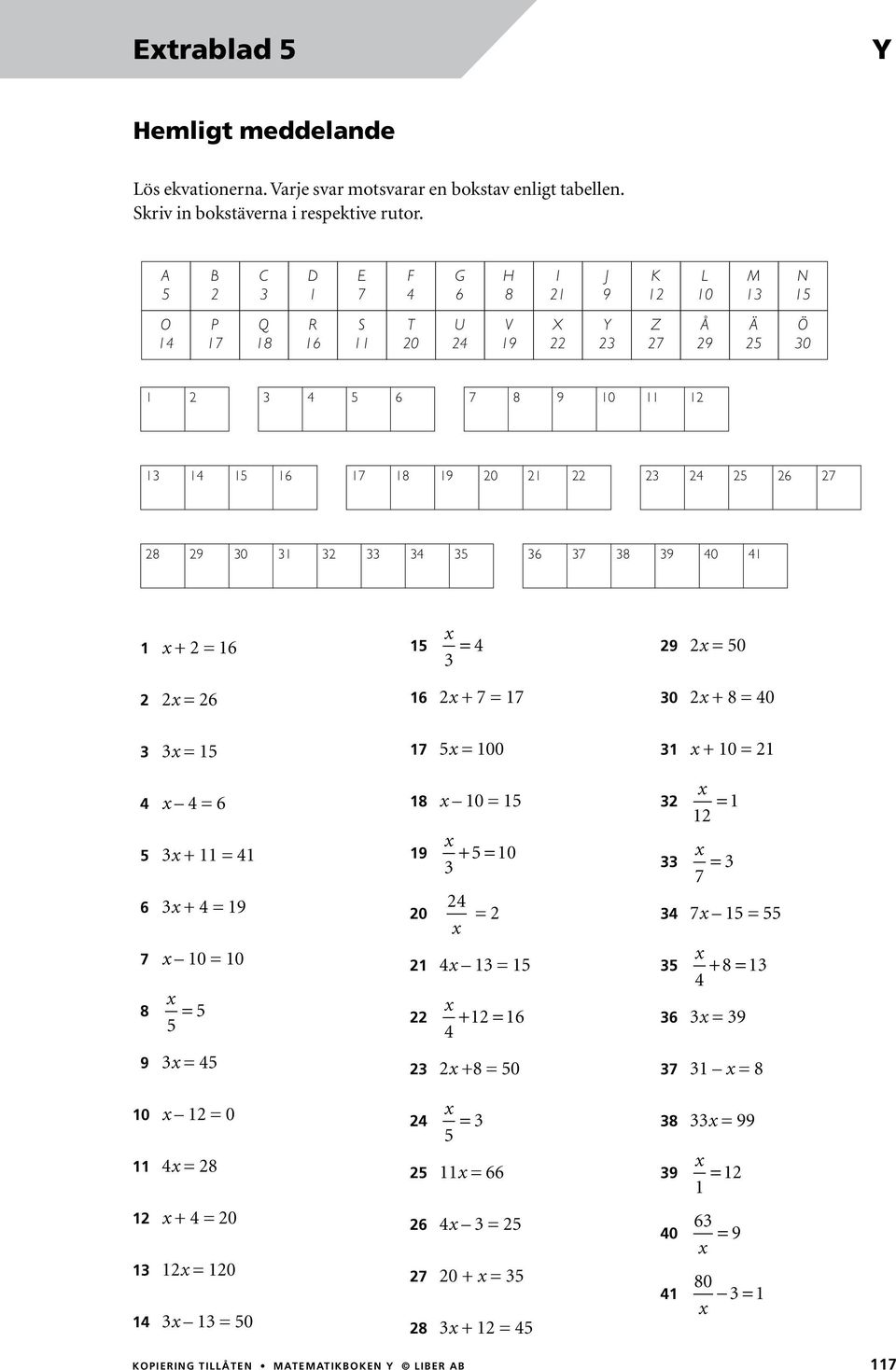 27 28 29 30 31 32 33 34 35 36 37 38 39 40 41 1 x + 2 = 16 15 x = 4 3 29 2x = 50 2 2x = 26 3 3x = 15 4 x 4 = 6 5 3x + 11 = 41 6 3x + 4 = 19 7 x 10 = 10 8 x = 5 5 9 3x = 45 10 x 12 = 0 11 4x = 28 12 x