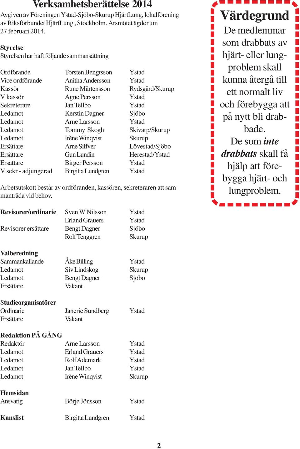 Sekreterare Jan Tellbo Ystad Ledamot Kerstin Dagner Sjöbo Ledamot Arne Larsson Ystad Ledamot Tommy Skogh Skivarp/Skurup Ledamot Irène Winqvist Skurup Ersättare Arne Silfver Lövestad/Sjöbo Ersättare