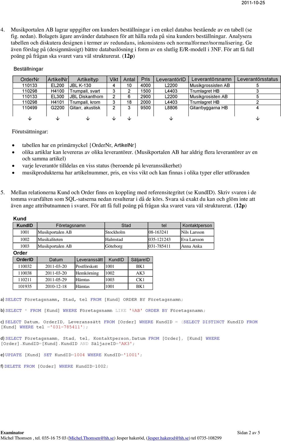 Ge även förslag på (designmässigt) bättre databaslösning i form av en slutlig E/R-modell i 3NF. För att få full poäng på frågan ska svaret vara väl strukturerat.