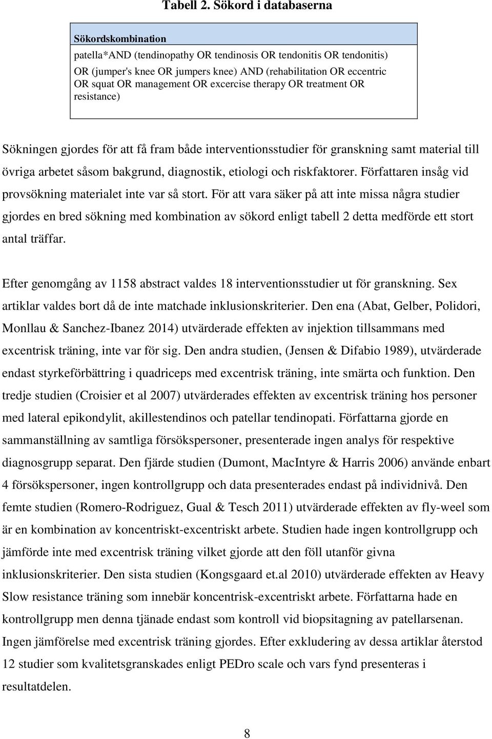 OR excercise therapy OR treatment OR resistance) Sökningen gjordes för att få fram både interventionsstudier för granskning samt material till övriga arbetet såsom bakgrund, diagnostik, etiologi och