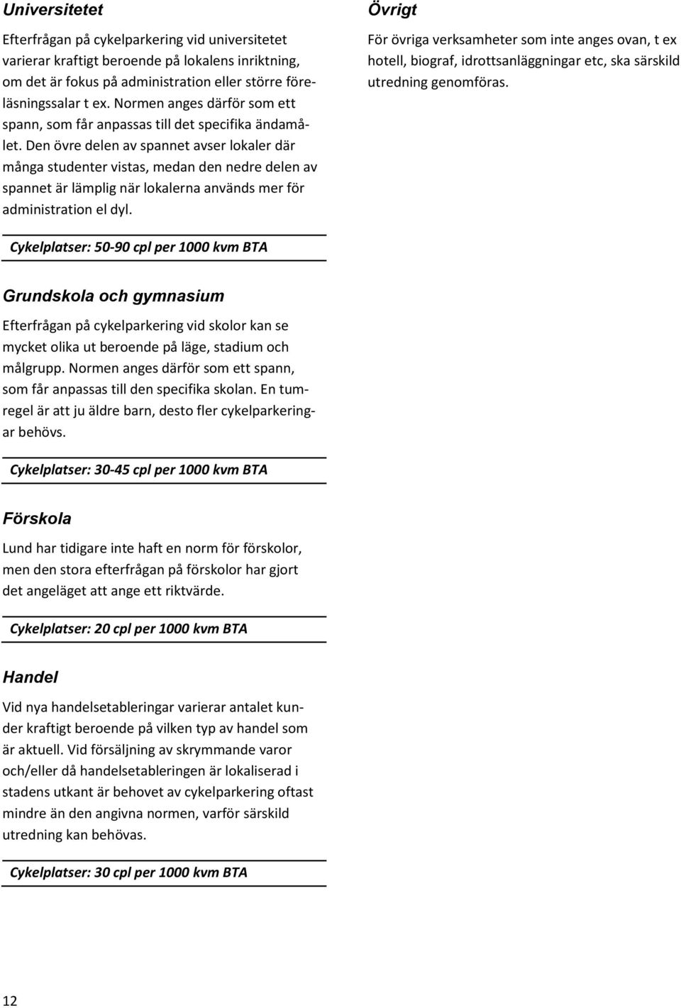 Den övre delen av spannet avser lokaler där många studenter vistas, medan den nedre delen av spannet är lämplig när lokalerna används mer för administration el dyl.