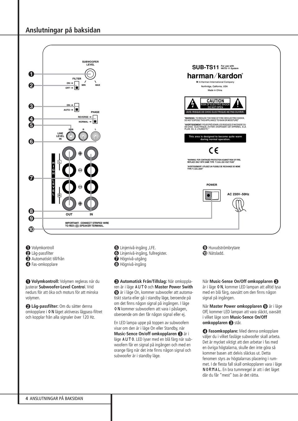 5A L/250V" POWER AC 230V~50Hz ª OUT IN IMPORTANT: CONNECT STRIPED WIRE TO RED ( ) SPEAKER TERMINAL. Volymkontroll Låg-passfilter Automatiskt till/från Fas-omkopplare Linjenivå-ingång,LFE.
