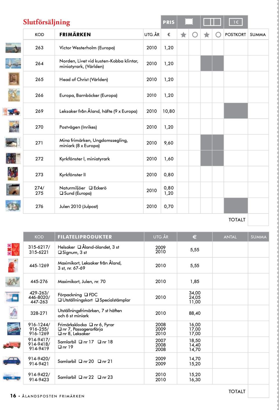 (Europa) 2010 1,20 269 Leksaker från Åland, häfte (9 x Europa) 2010 10,80 270 Postvägen (Inrikes) 2010 1,20 271 Mina frimärken, Ungdomssegling, miniark (8 x Europa) 2010 9,60 272 Kyrkfönster l,