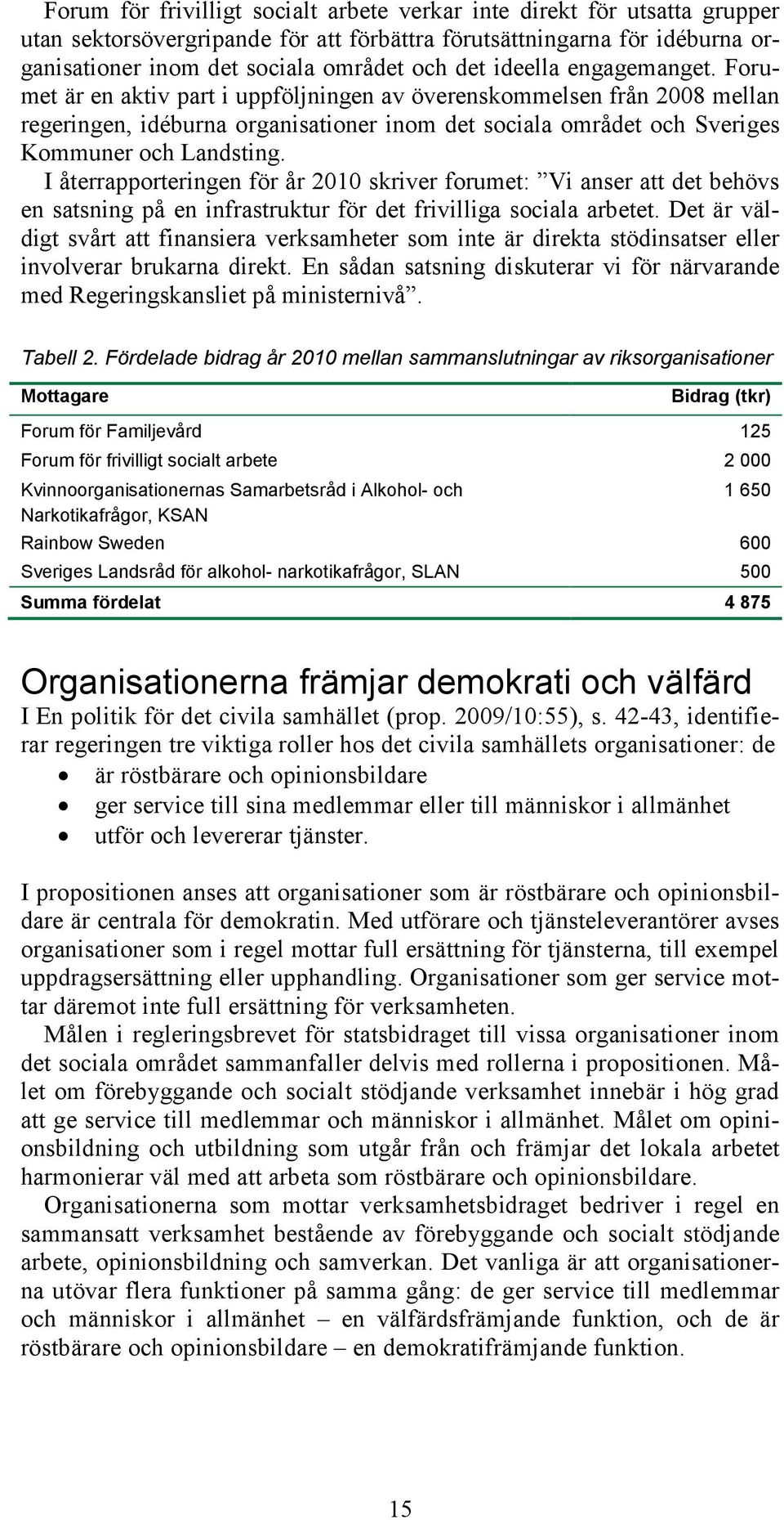 I återrapporteringen för år 2010 skriver forumet: Vi anser att det behövs en satsning på en infrastruktur för det frivilliga sociala arbetet.