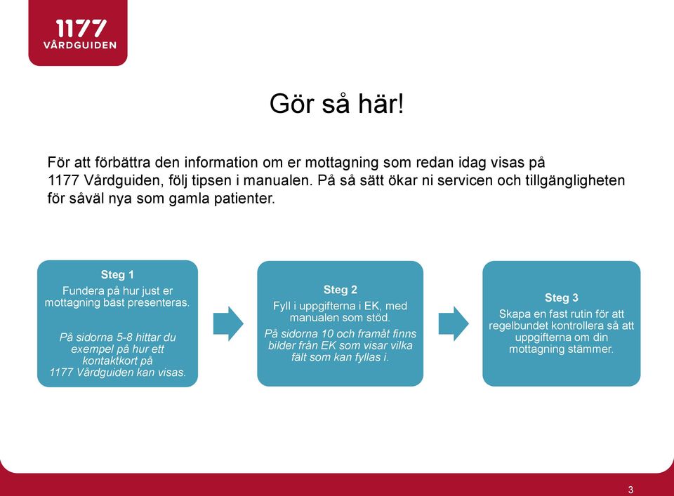 På sidorna 5-8 hittar du exempel på hur ett kontaktkort på 1177 Vårdguiden kan visas. Steg 2 Fyll i uppgifterna i EK, med manualen som stöd.