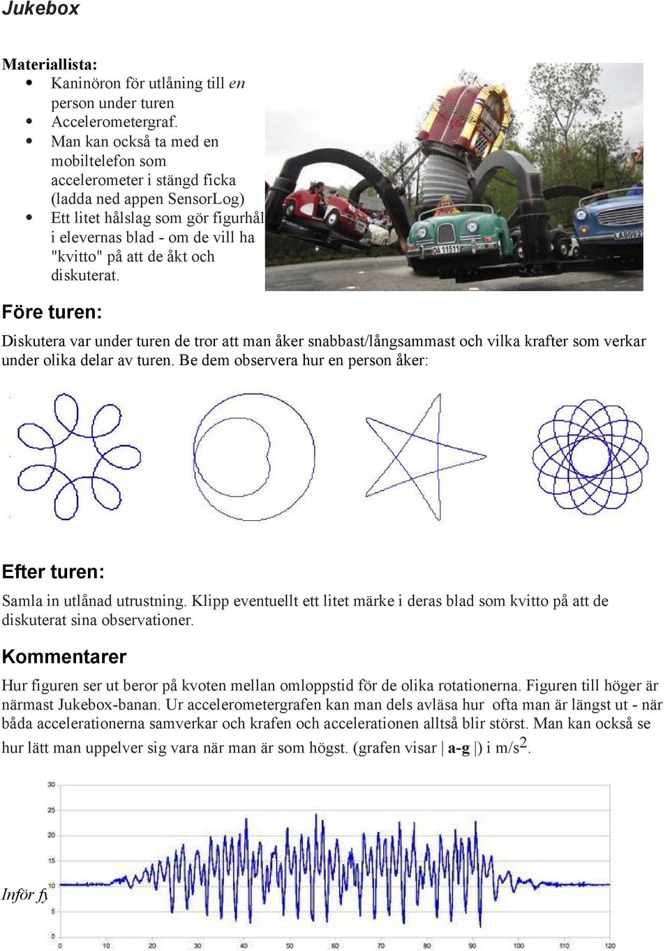 diskuterat. Före turen: Diskutera var under turen de tror att man åker snabbast/långsammast och vilka krafter som verkar under olika delar av turen.