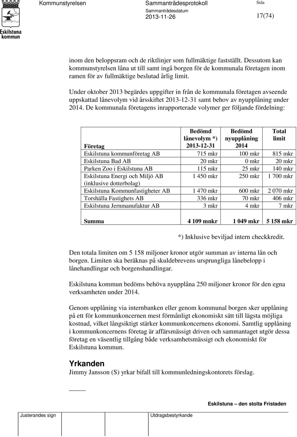 Under oktober 2013 begärdes uppgifter in från de kommunala företagen avseende uppskattad lånevolym vid årsskiftet 2013-12-31 samt behov av nyupplåning under 2014.