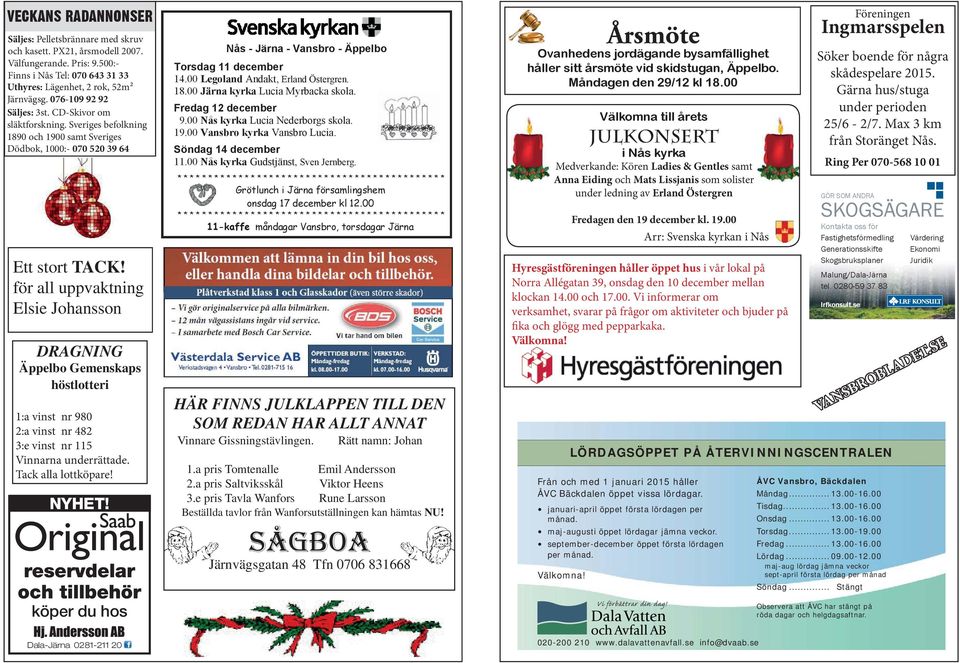 för all uppvaktning Elsie Johansson DRAGNING Äppelbo Gemenskaps höstlotteri 1:a vinst nr 980 2:a vinst nr 482 3:e vinst nr 115 Vinnarna underrättade. Tack alla lottköpare! NYHET!