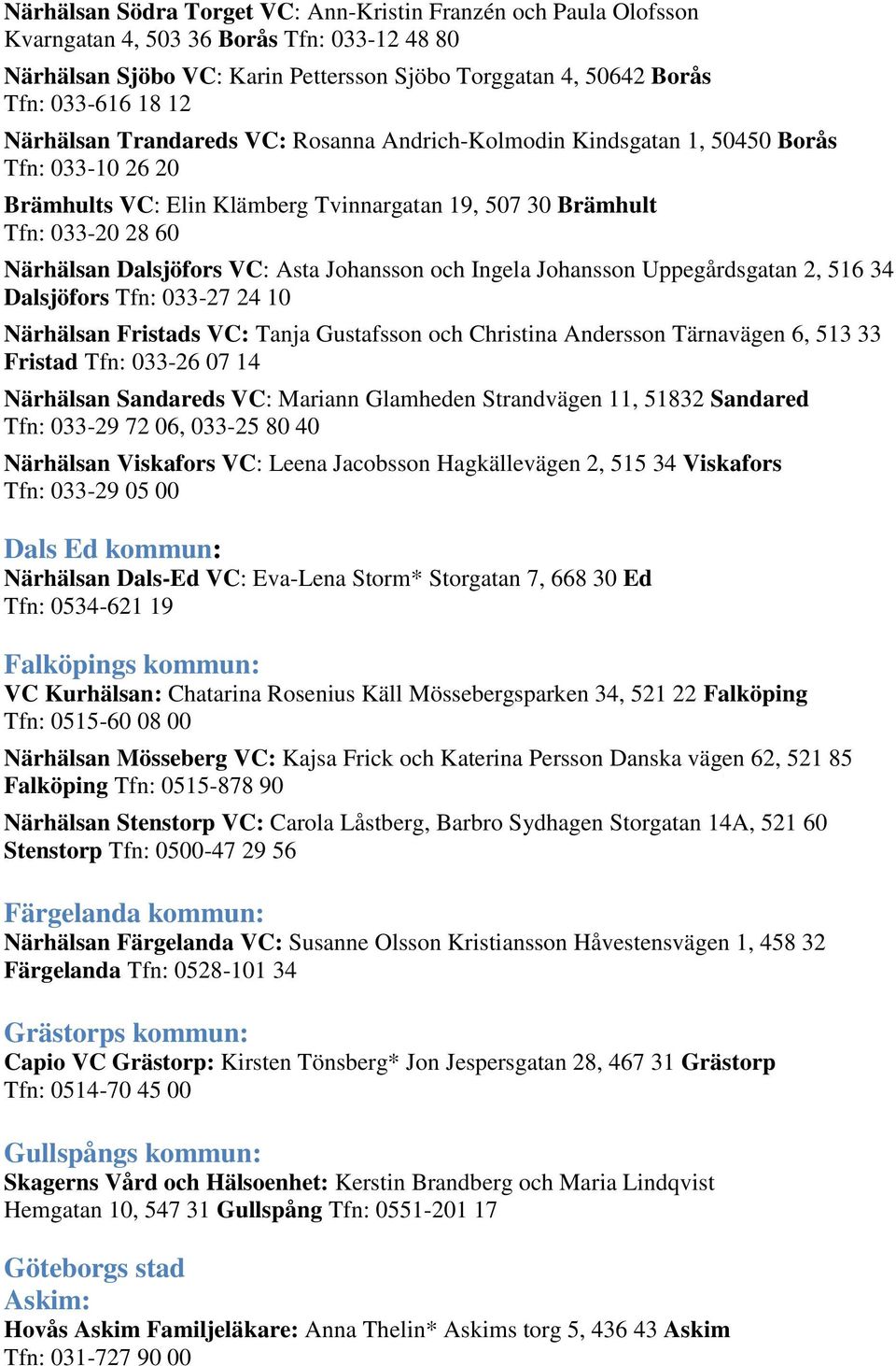 Asta Johansson och Ingela Johansson Uppegårdsgatan 2, 516 34 Dalsjöfors Tfn: 033-27 24 10 Närhälsan Fristads VC: Tanja Gustafsson och Christina Andersson Tärnavägen 6, 513 33 Fristad Tfn: 033-26 07