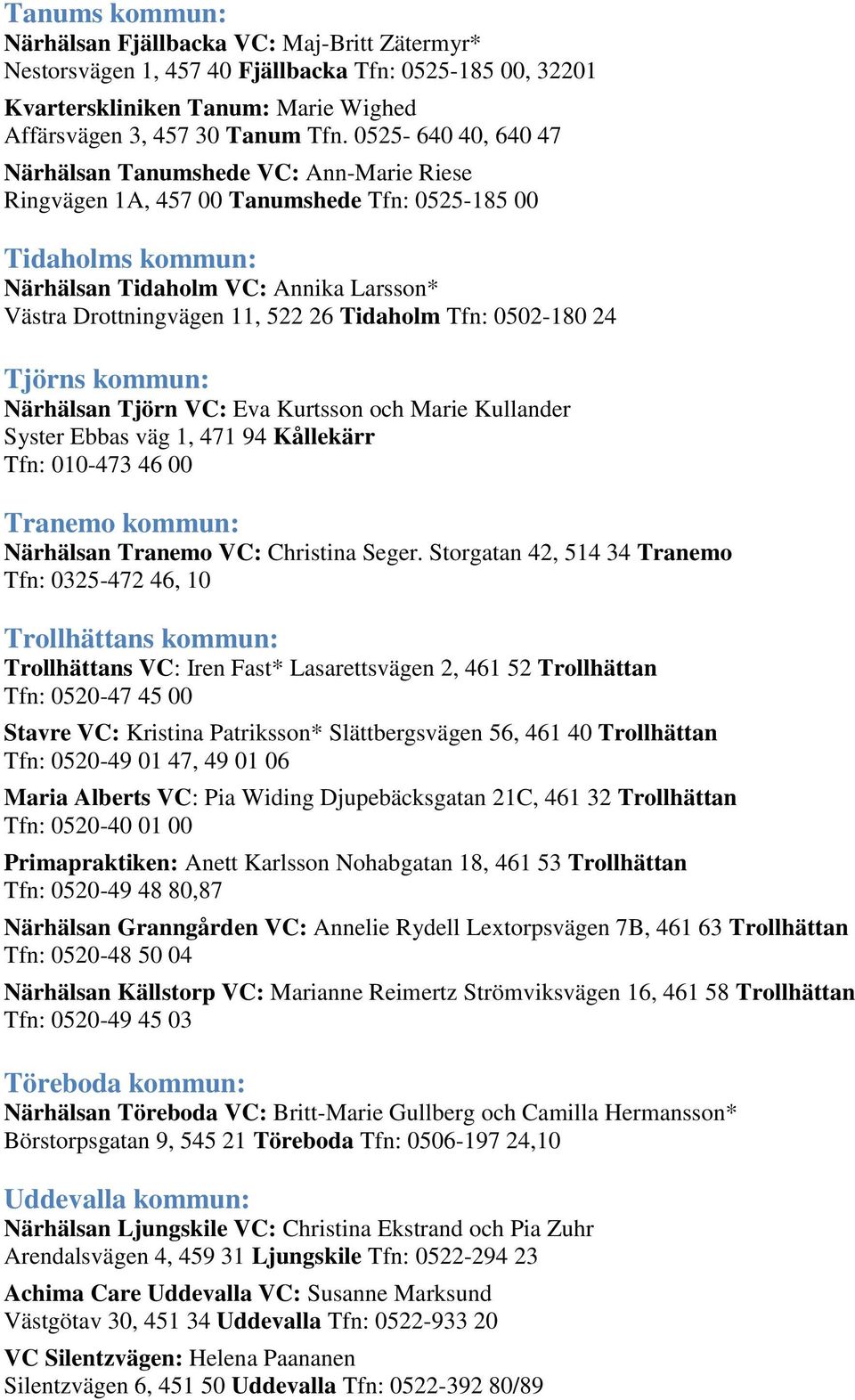 Tidaholm Tfn: 0502-180 24 Tjörns kommun: Närhälsan Tjörn VC: Eva Kurtsson och Marie Kullander Syster Ebbas väg 1, 471 94 Kållekärr Tfn: 010-473 46 00 Tranemo kommun: Närhälsan Tranemo VC: Christina