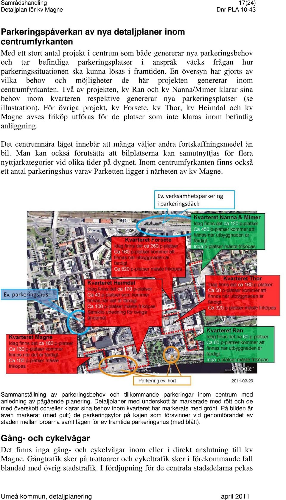 Två av projekten, kv Ran och kv Nanna/Mimer klarar sina behov inom kvarteren respektive genererar nya parkeringsplatser (se illustration).