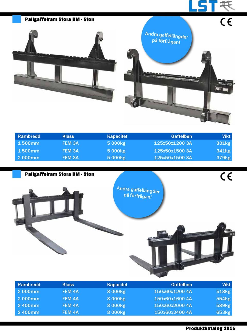 2 000mm FEM 3A 5 000kg 125x50x1500 3A 379kg Pallgaffelram Stora BM - 8ton Andra gaffellängder på förfrågan!