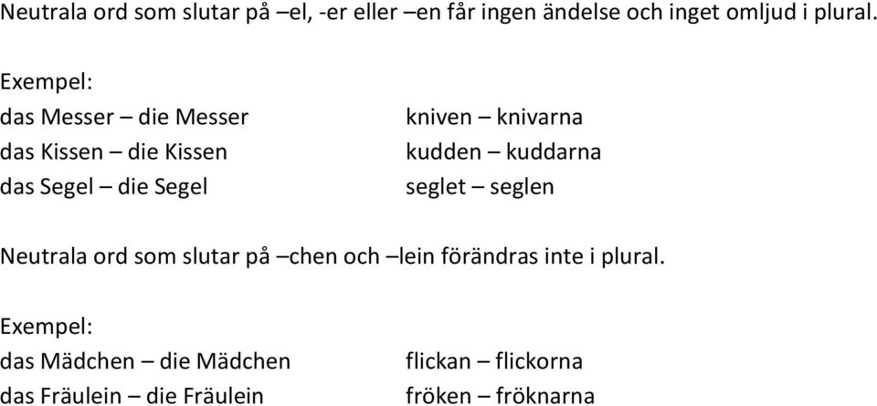 kuddarna seglet seglen Neutrala ord som slutar på chen och lein förändras inte i plural.